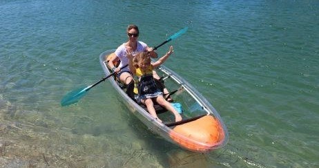 Transparent double kayak rental on Wallis Lake, Forster NSW
