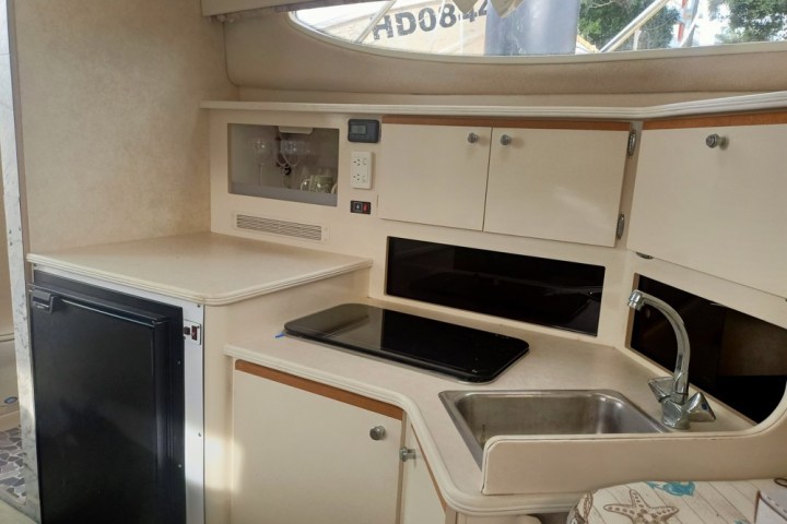 Seas the day cruiser - kitchen with a sink and a microwave- relax and enjoy Forster NSW